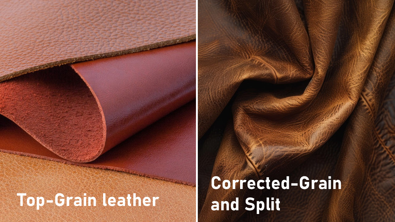 A side-by-side comparison of different types of leather: Top-Grain leather and Corrected-Grain and Split leather