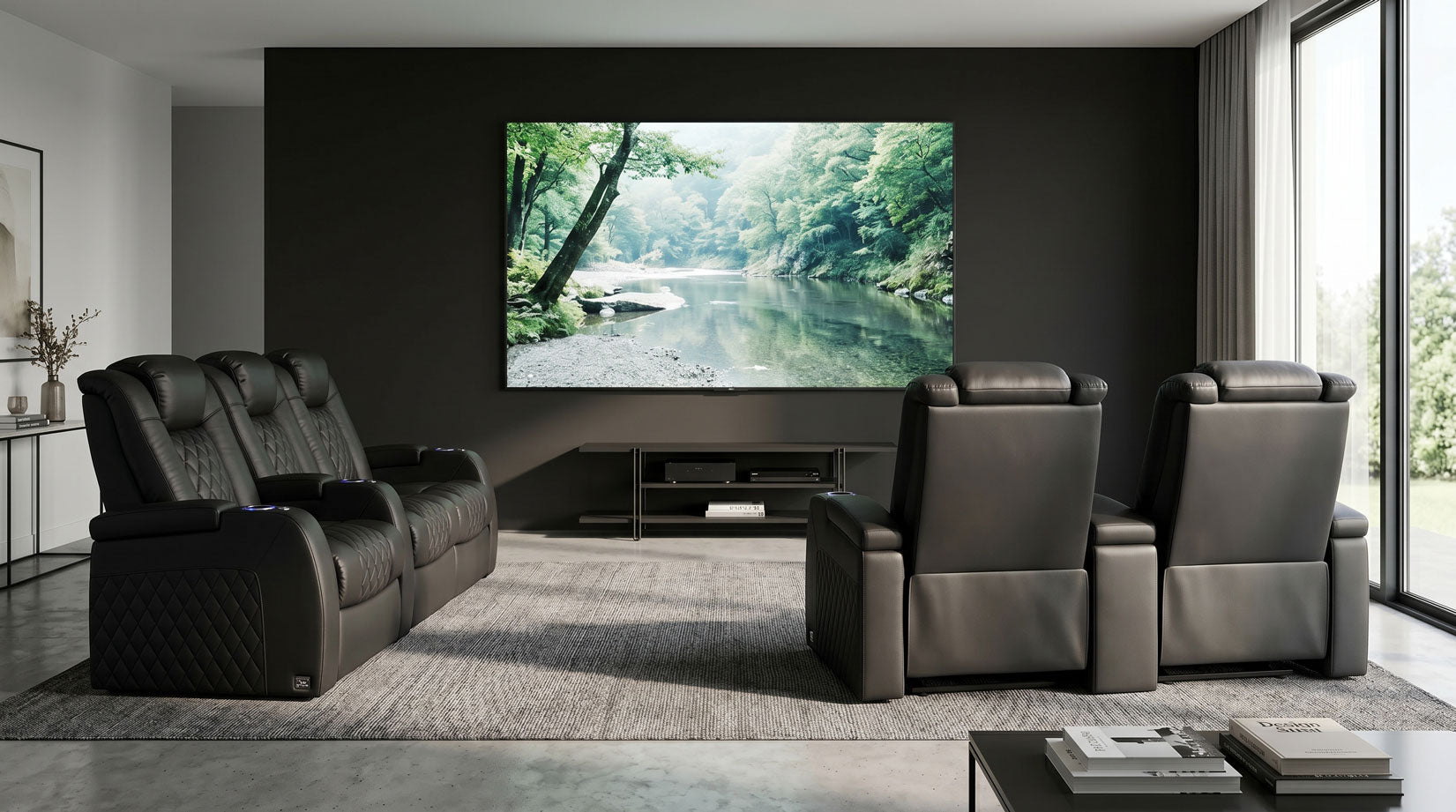 Leather reclining sofa in a modern media room facing a large screen