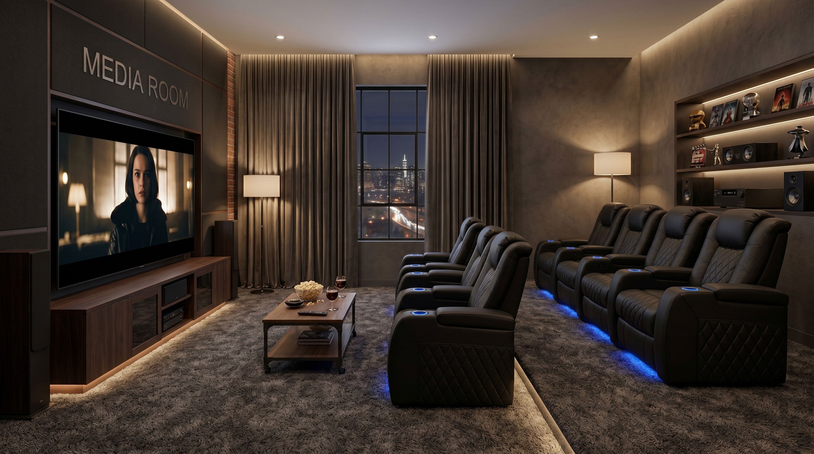 Media room seating layout with recliners for home entertainment