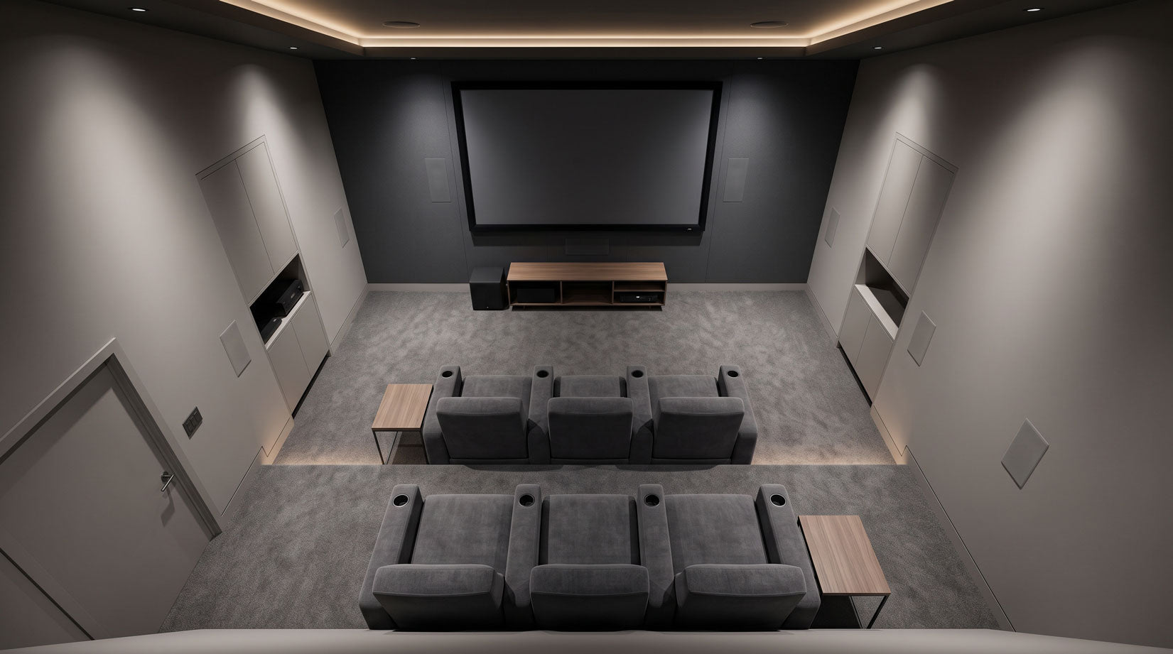 Simple home theater layout showing screen centered with balanced seating