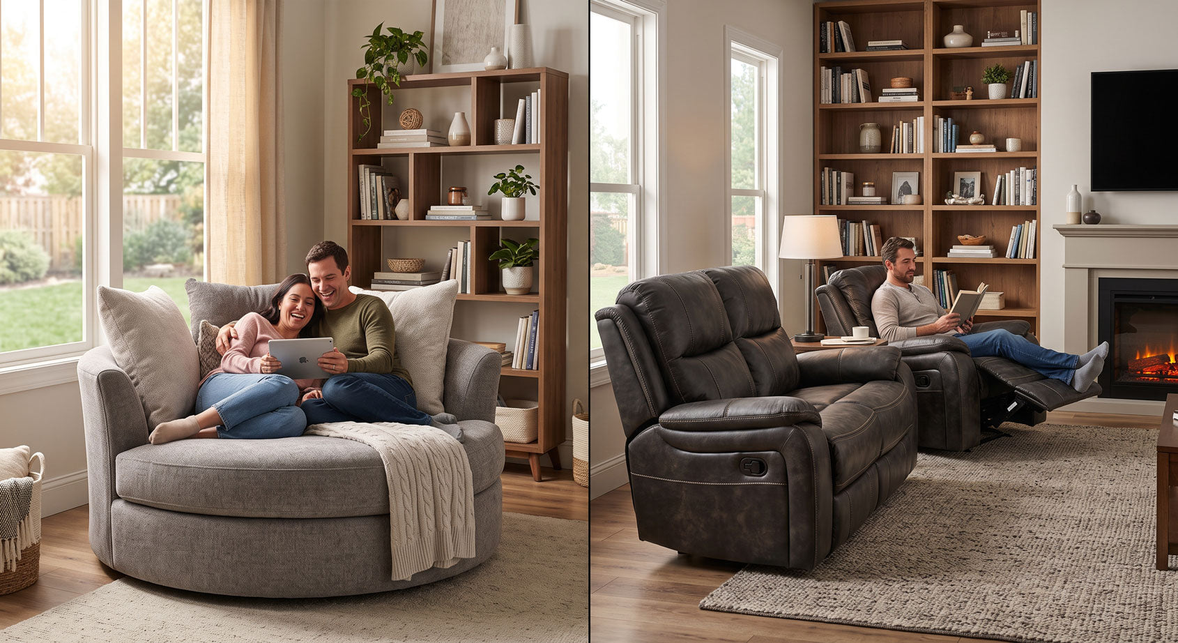 cuddle couch and recliner seating comparison in a modern living room