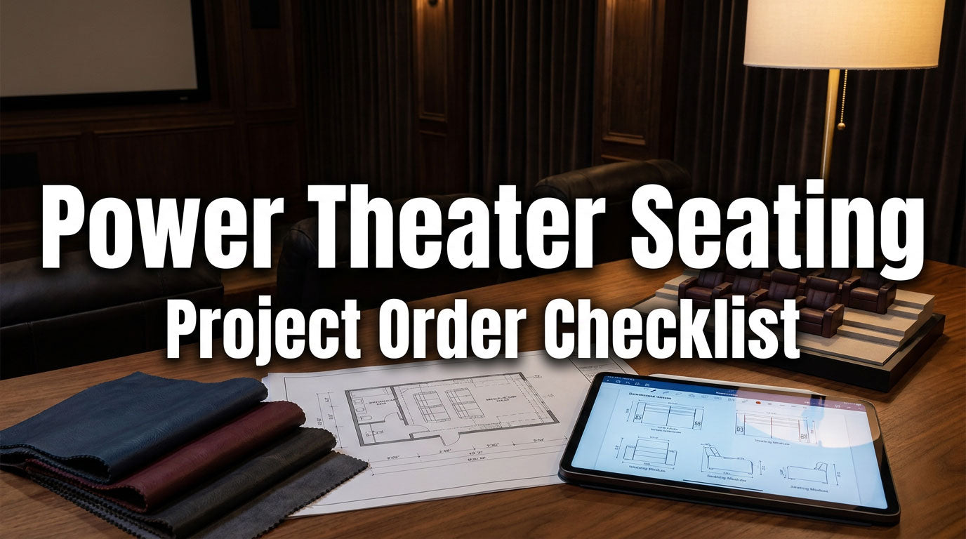 Power theater seating project checklist with floor plan, configuration notes, and material samples