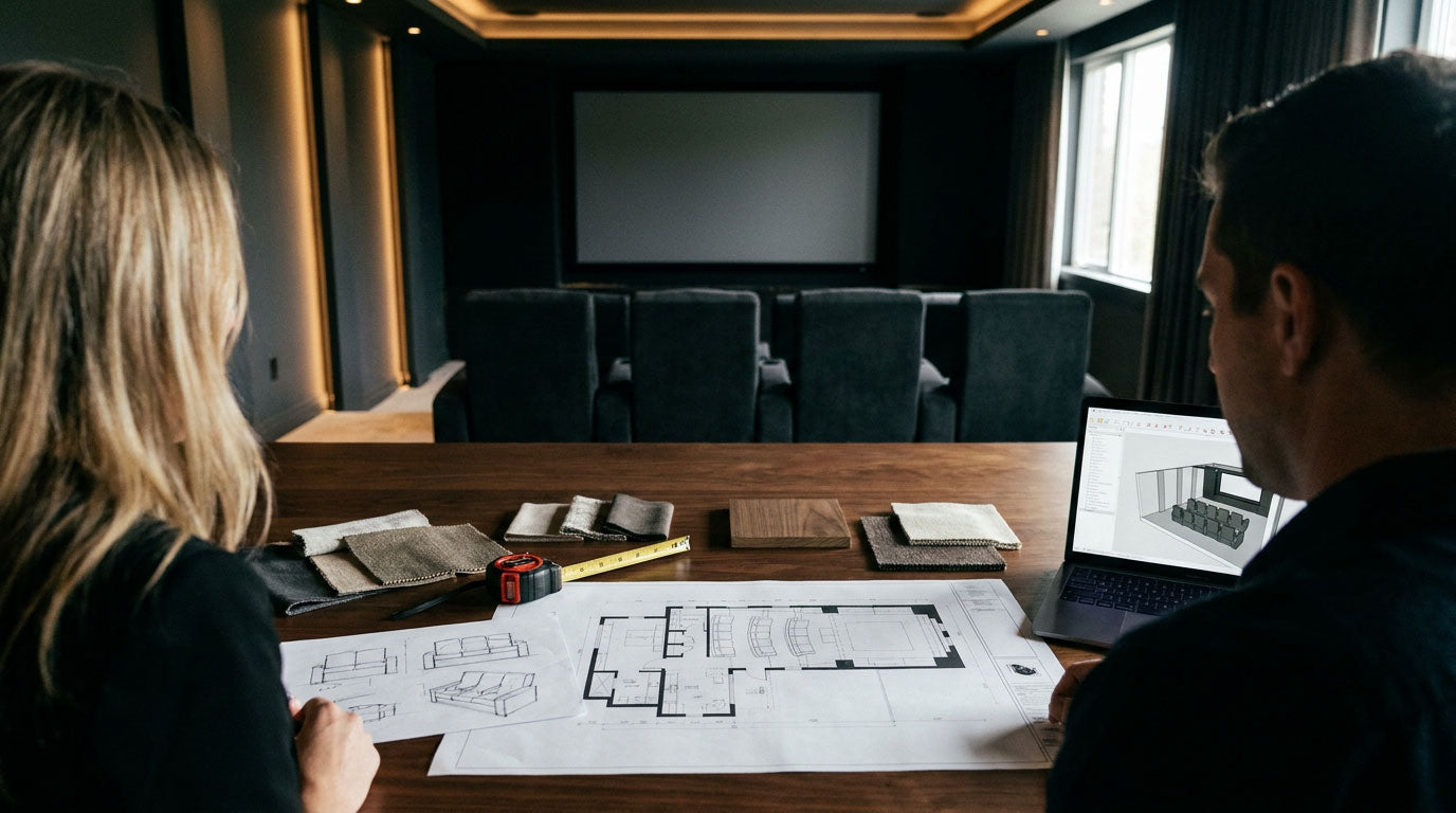 Interior designer and homeowner reviewing a private theater seating project brief and room plan