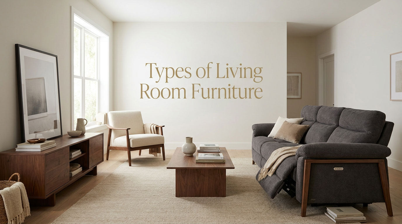 Types of living room furniture arranged in a comfortable modern space