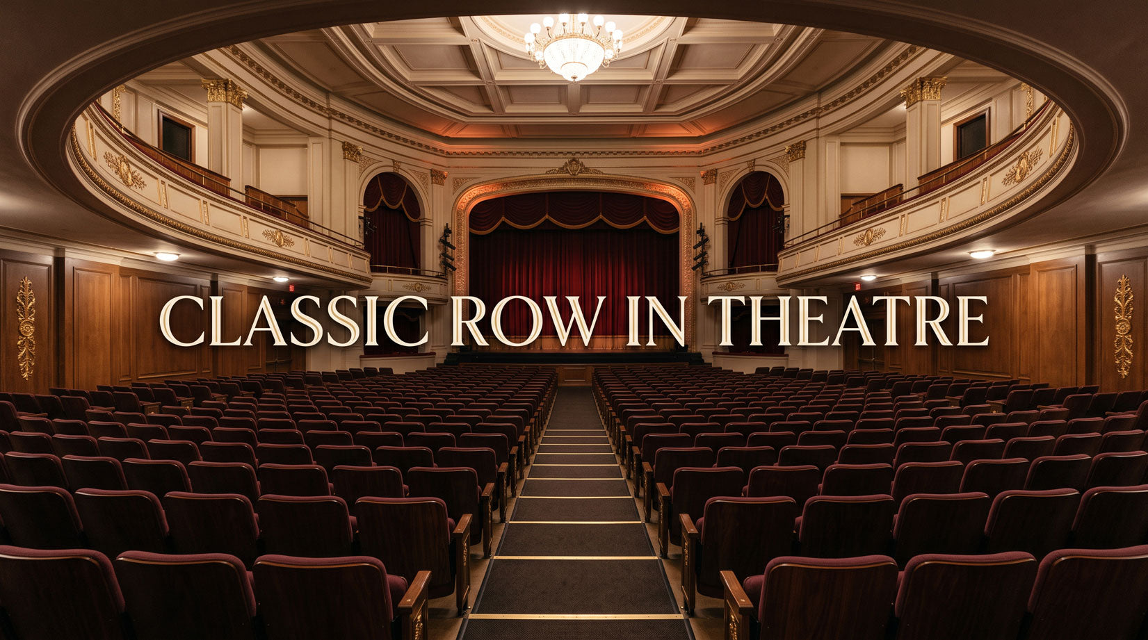 Classic row in theatre with traditional forward-facing seats and a centered stage