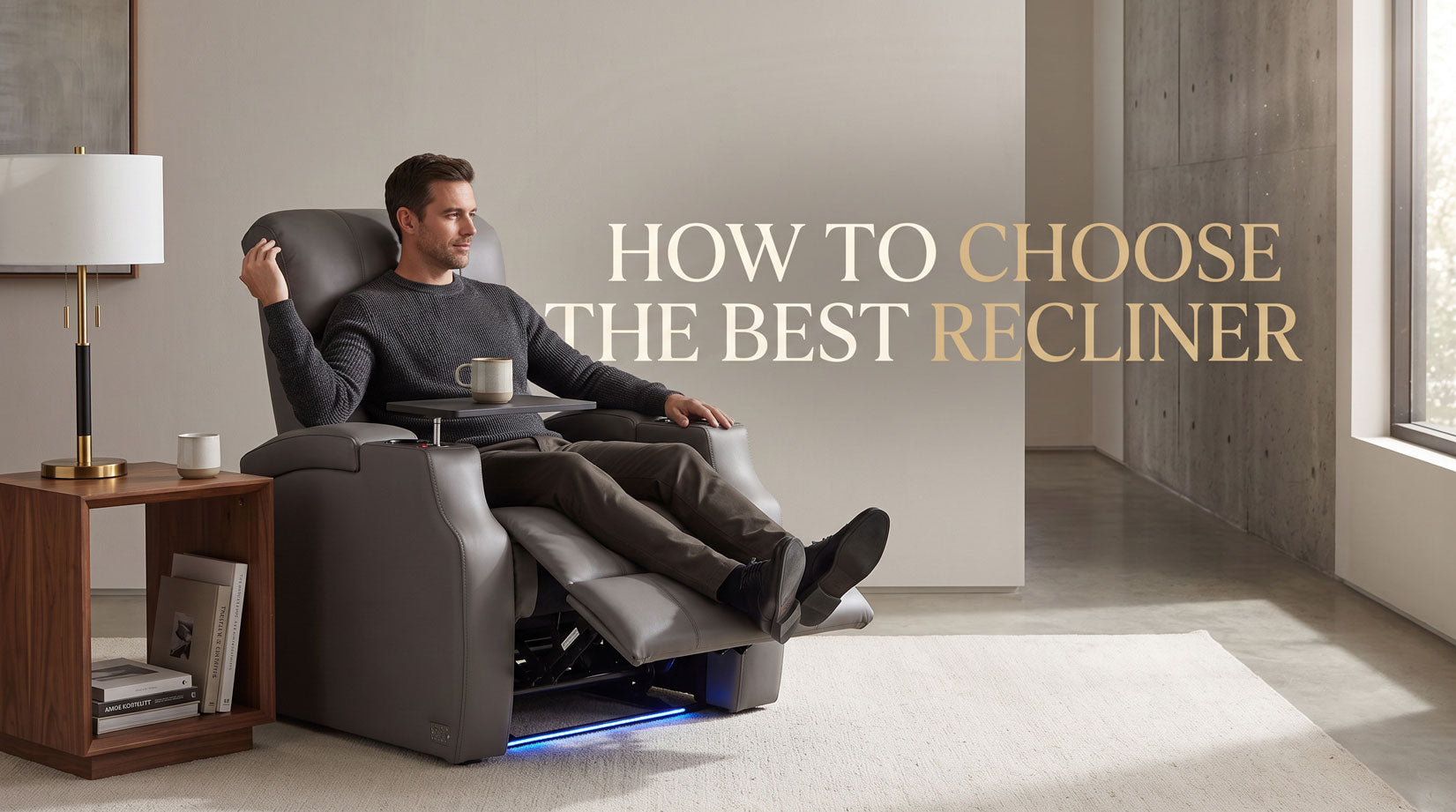 Person comparing recliner fit and room space in a modern living room