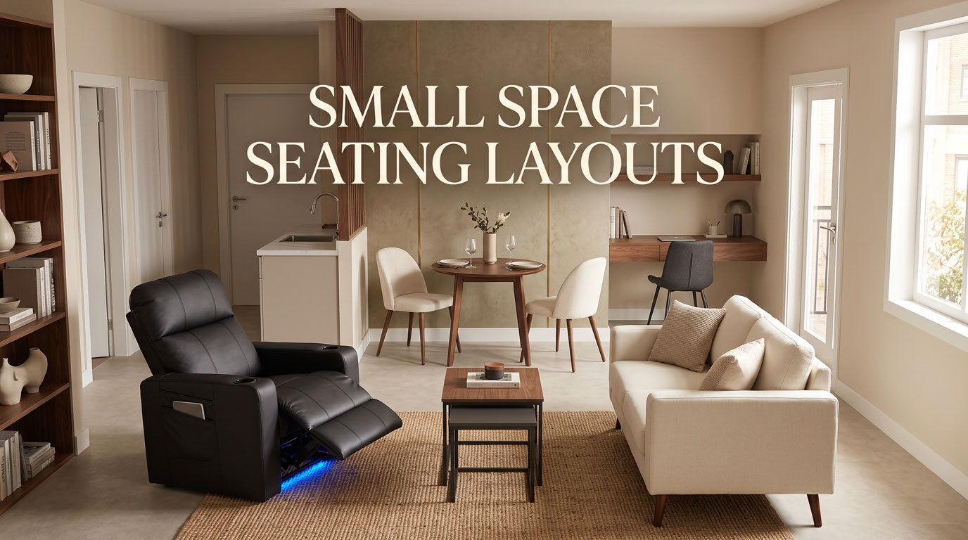 Recliner, loveseat, and sofa arranged in a compact open-plan living space