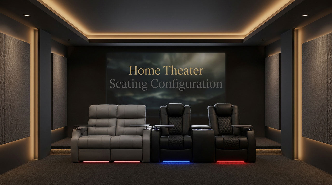 Home theater seating configuration showing individual seats, a loveseat, console, and modular row options