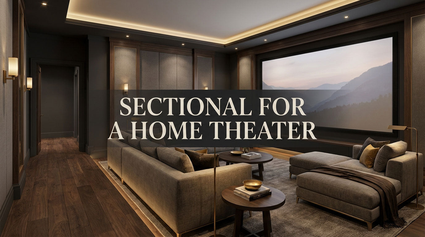 L-shaped sectional positioned toward the screen in a home theater
