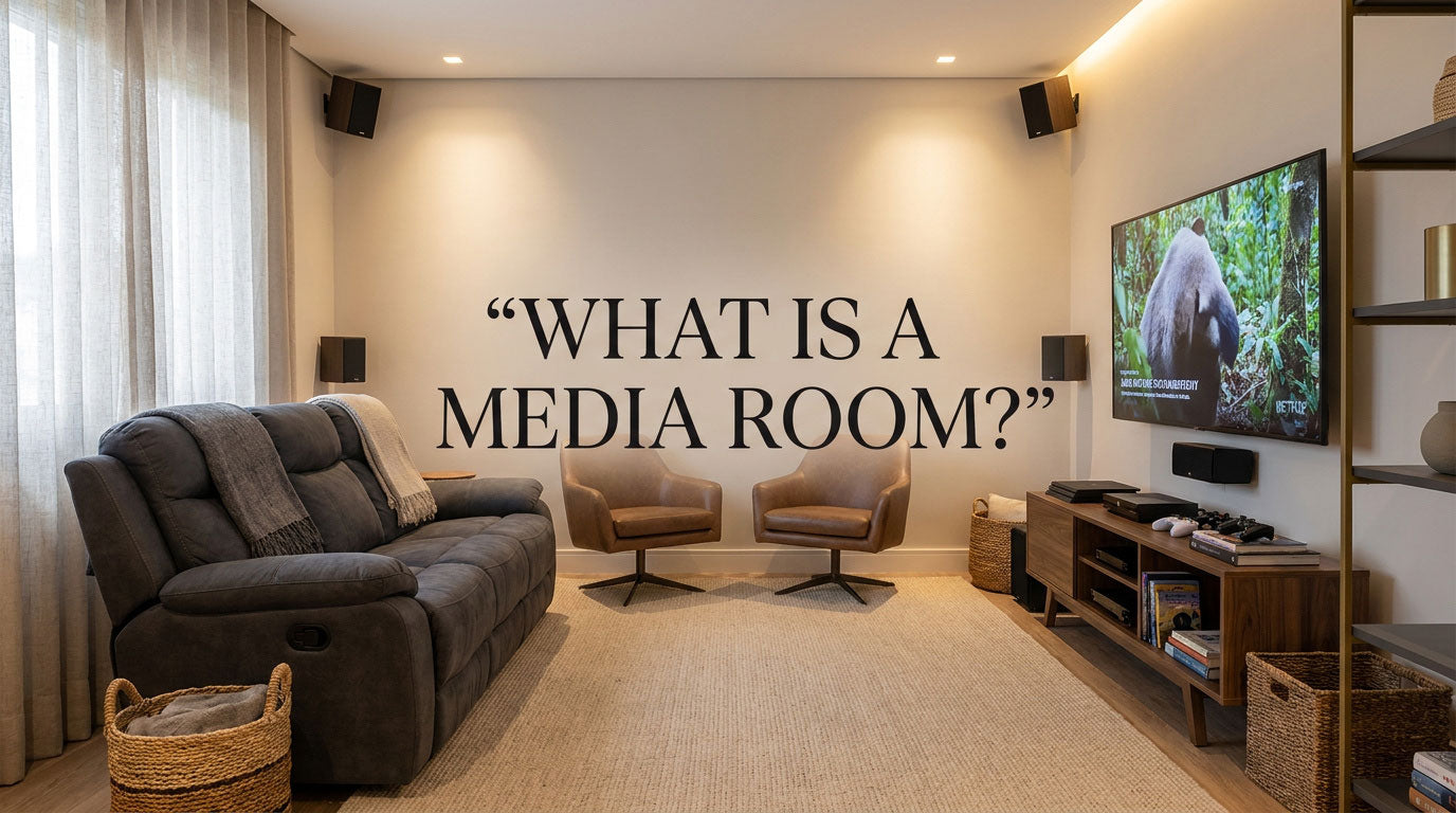 Flexible media room with a large TV, reclining sofa and gaming area