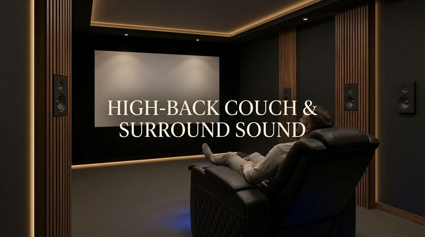 High-back couch positioned between a viewer and surround speakers in a home theater