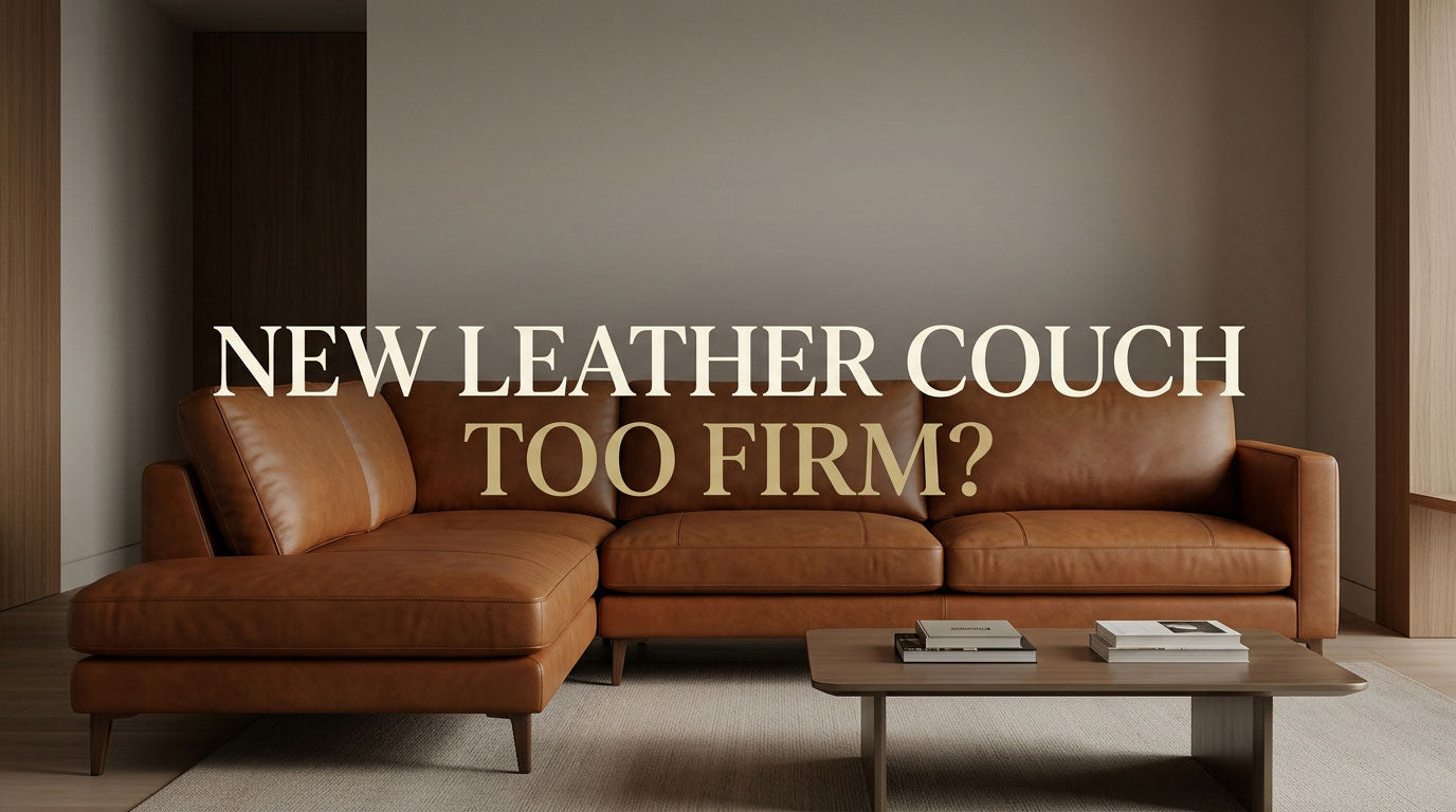 New cognac leather couch with a firm tailored seat in a warm modern living room