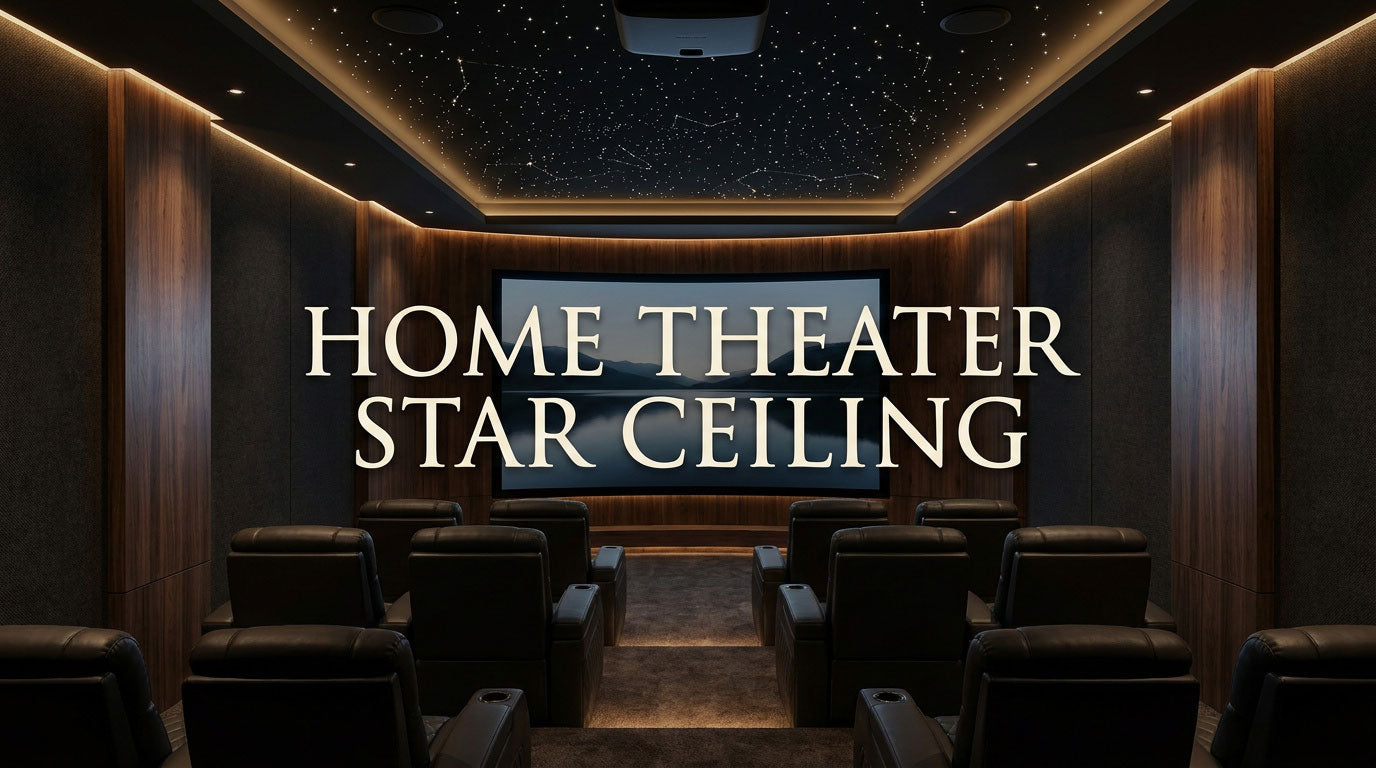 Home theater star ceiling above reclining seats, projector screen, and Atmos speakers in a dark dedicated theater.
