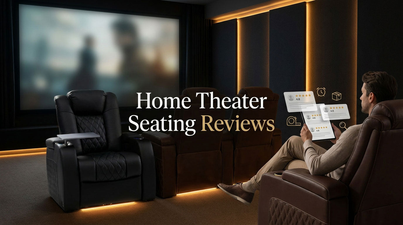 Home theater seating reviews guide showing a buyer comparing recliner reviews and product information in a home theater