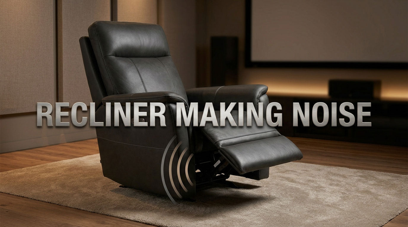Leather power recliner in a media room illustrating unusual recliner noise warning signs.