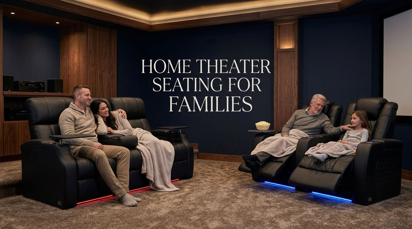 Family using mixed home theater seating with a loveseat and individual recliners