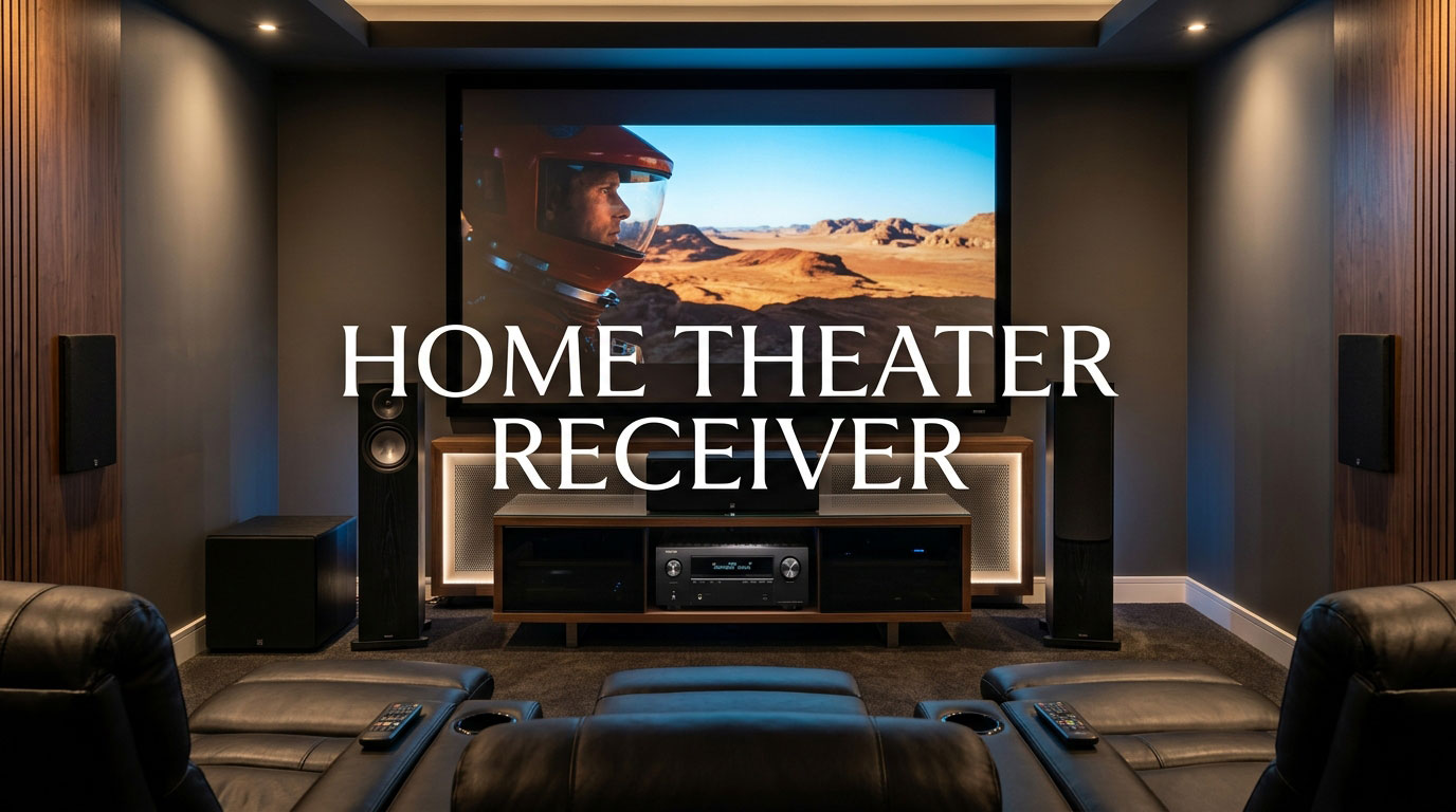 Home theater receiver connected to speakers, screen, and theater seating in a modern home theater