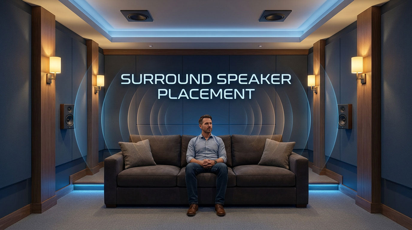 Modern home theater with a couch against the back wall, side surrounds, and Dolby Atmos ceiling speakers.