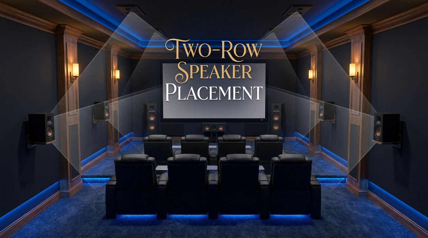 Two-row home theater showing surround and Atmos speaker coverage across both seating rows
