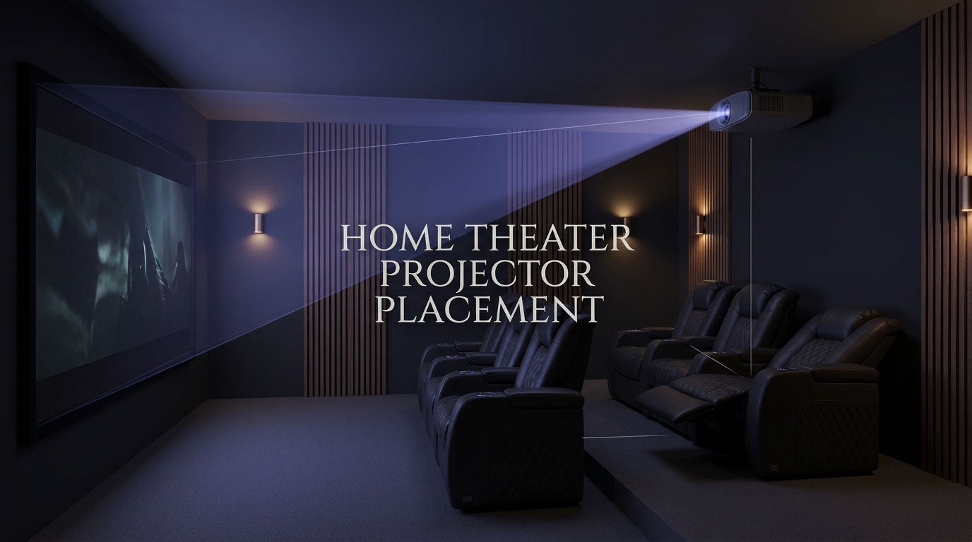 Home theater projector placement planned around reclining seats, fan noise, and the projection beam