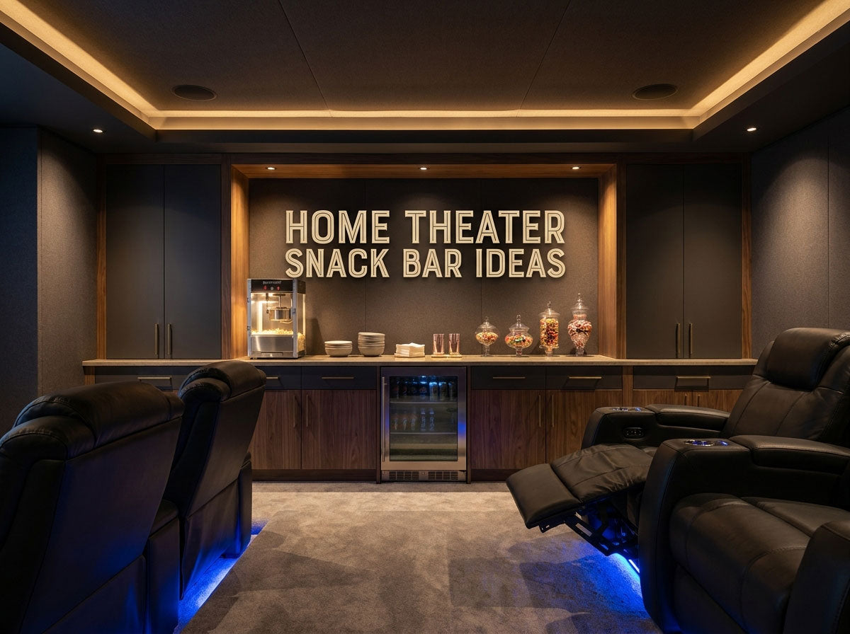 Home theater snack bar ideas with rear-wall cabinetry, popcorn station, and theater seating