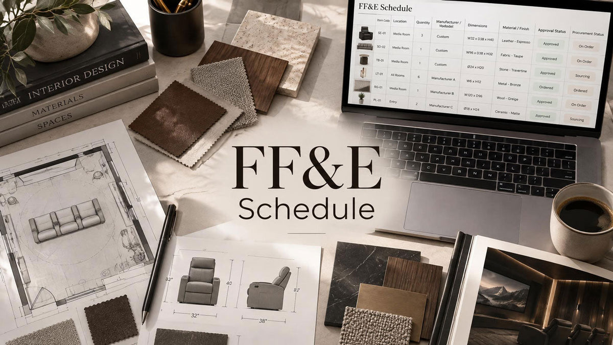 Interior design workspace with an FF&E schedule, floor plans, material samples, and project specification documents.