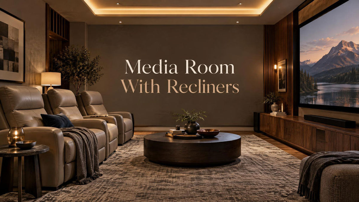 Stylish residential media room with recliners, a large rug, warm wood furniture, and layered lighting.
