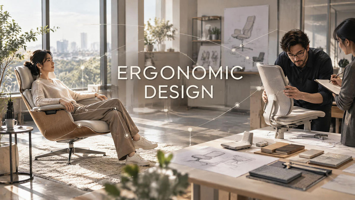 Designer observing a person using a product prototype in a modern studio, illustrating ergonomic design around people, tasks, and context.