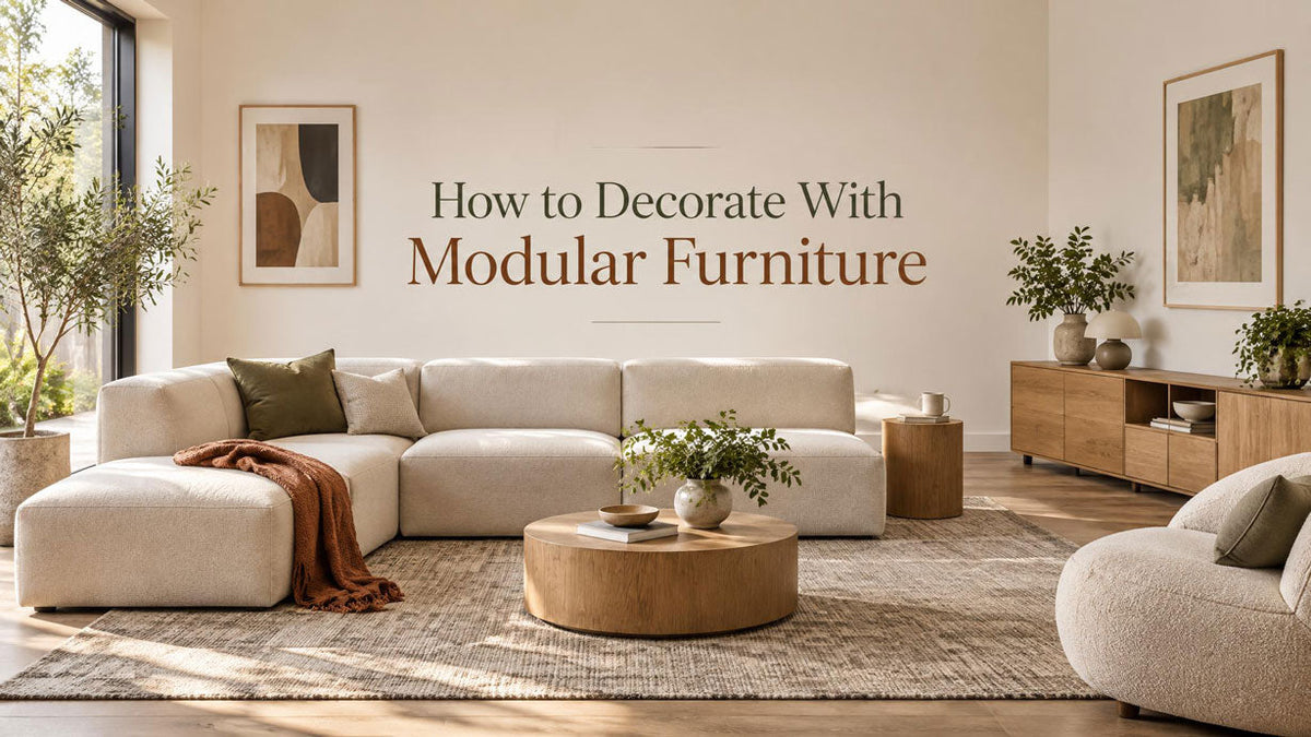 Cream modular sofa with olive and rust accents, small oak tables, and low storage in a coordinated living room