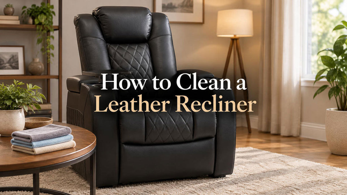 Leather recliner beside soft cleaning cloths in a bright living room. - Prompt: