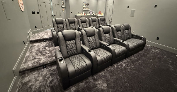 Two-row recliner seating on risers in a modern home theater room