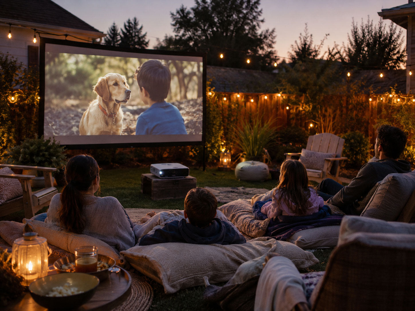 Backyard movie night with projector and casual seating