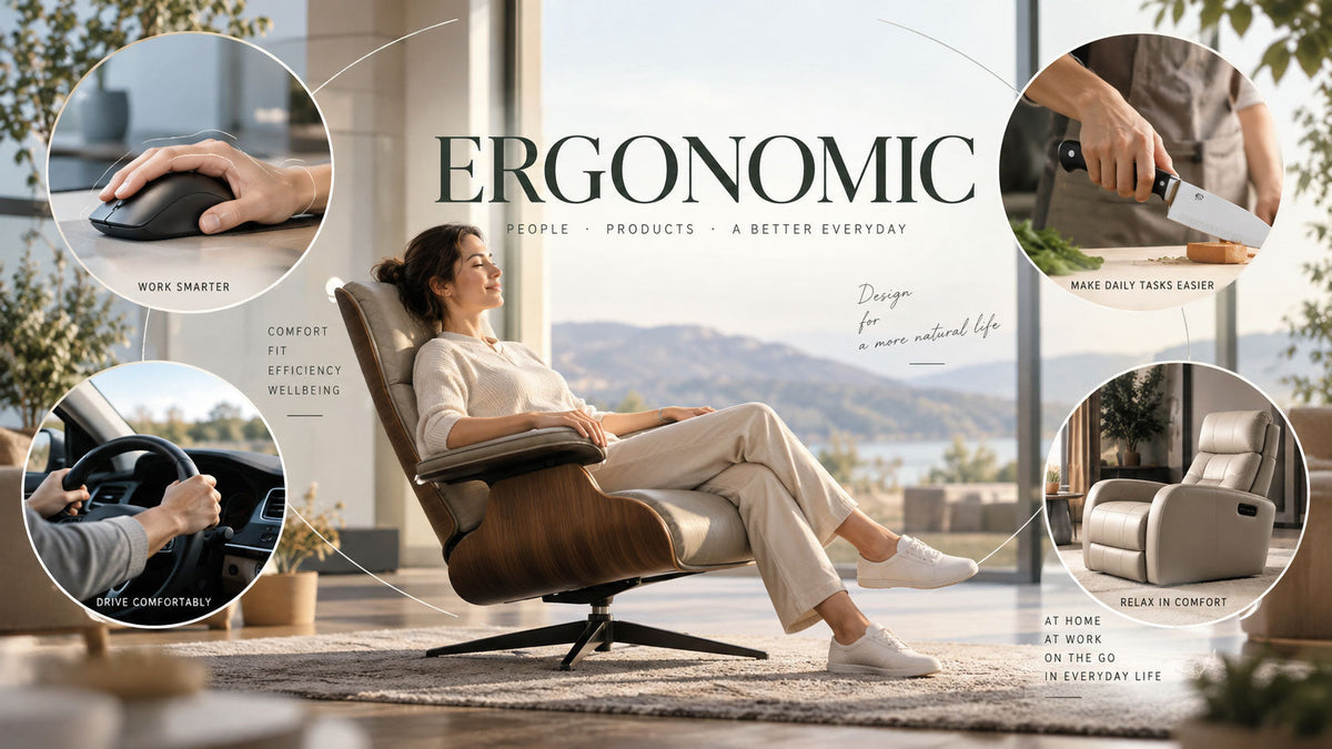 Person surrounded by everyday product examples illustrating ergonomic design and human-product interaction.