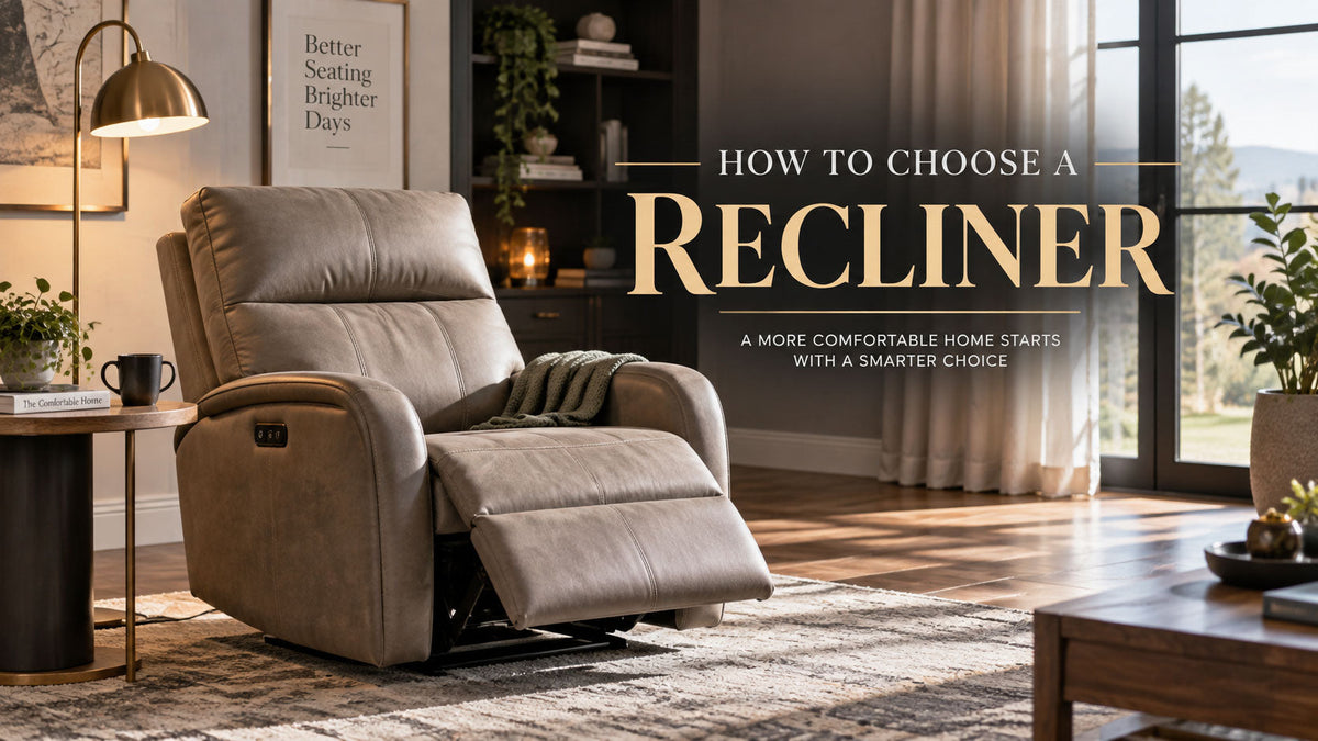 Modern recliner in a living room with visible floor space and clearance around the chair.