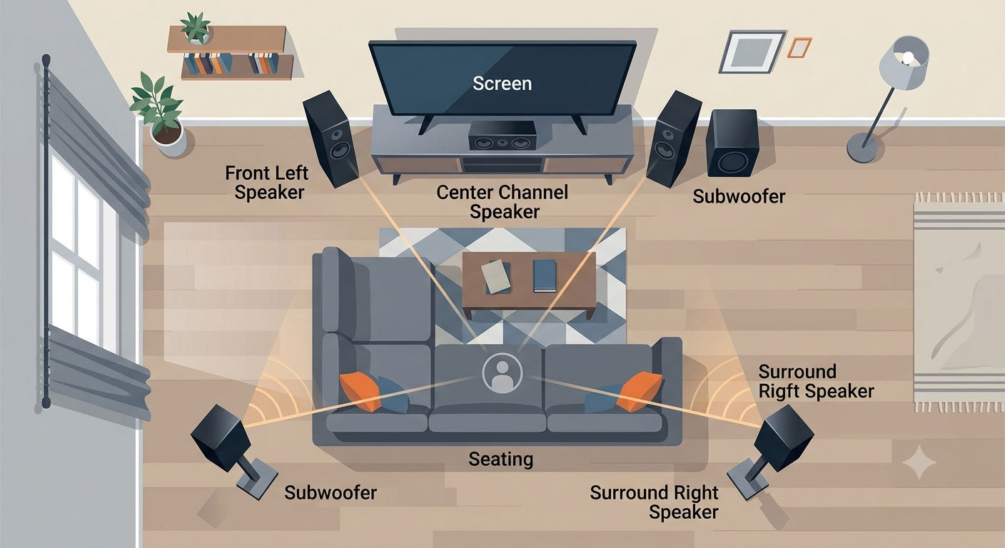 home theater speaker placement diagram showing front center surround and subwoofer positions