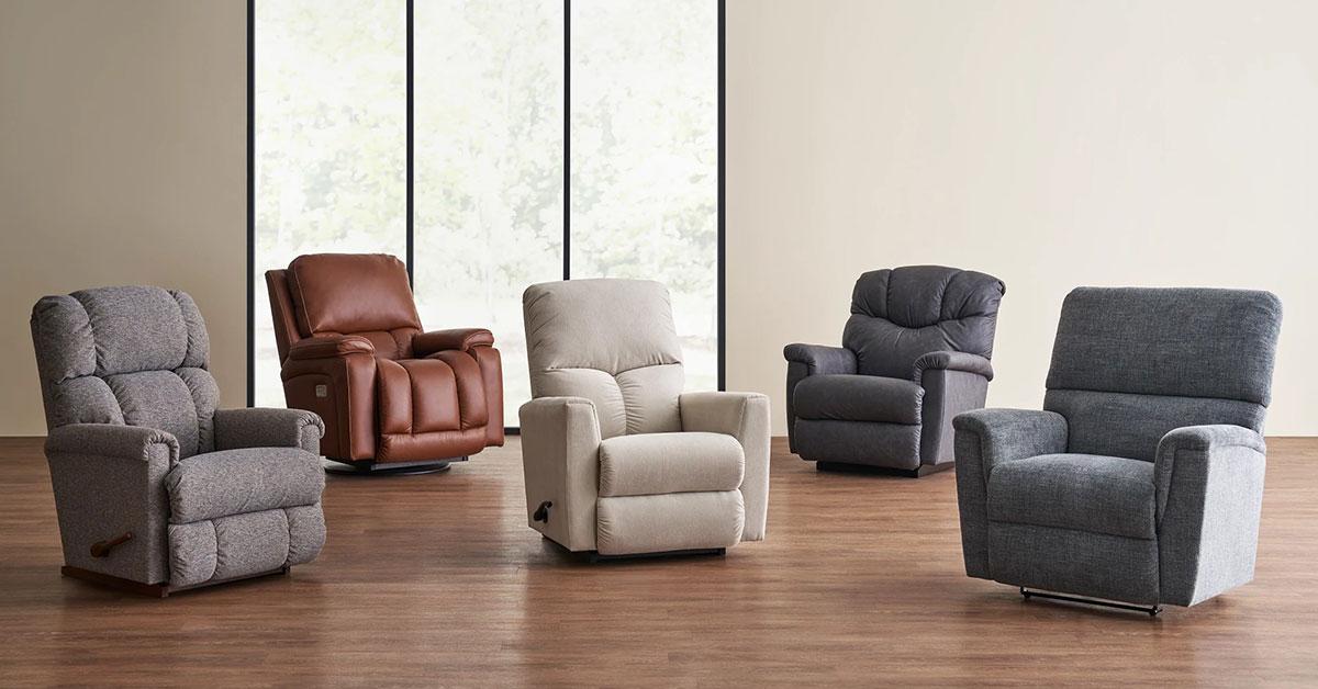 Variety of reclining chairs in leather and fabric upholstery