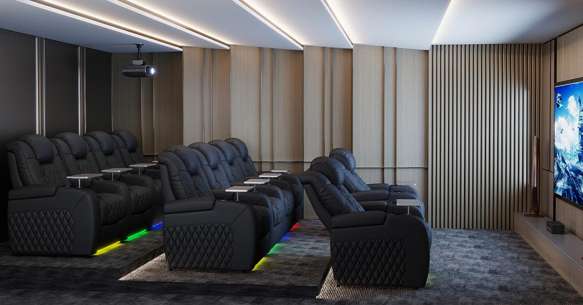 Luxury Home Theater Seating in Black Leather with LED Lighting