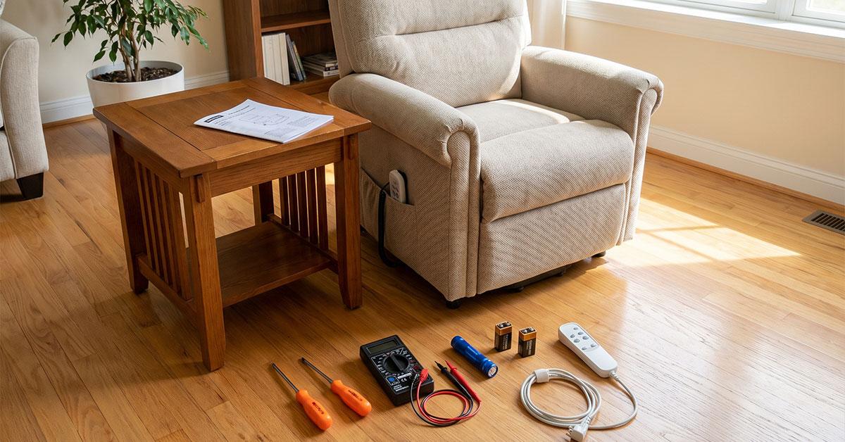 Beige lift chair in sunny room with repair tools and hand control on floor