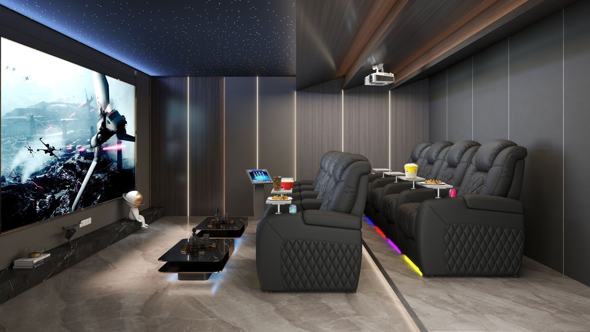 Electric recliner couch in a modern home theater room with power reclining seats