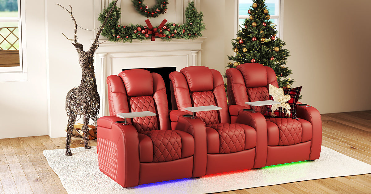 red leather home theater recliner seating with tray tables and LED lights