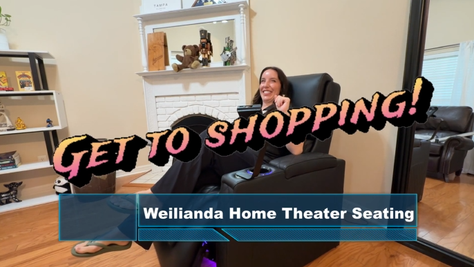 Weilianda home theater recliner chair review with shopper sitting and 'Get to Shopping' text overlay