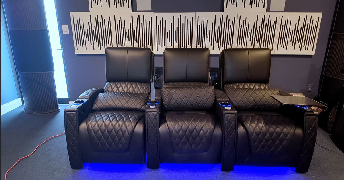 Neat media room with Theater seating and built-in storage