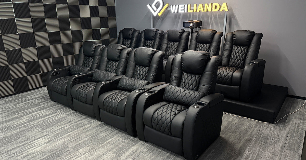 WEILIANDA showroom with tiered black leather theater seating