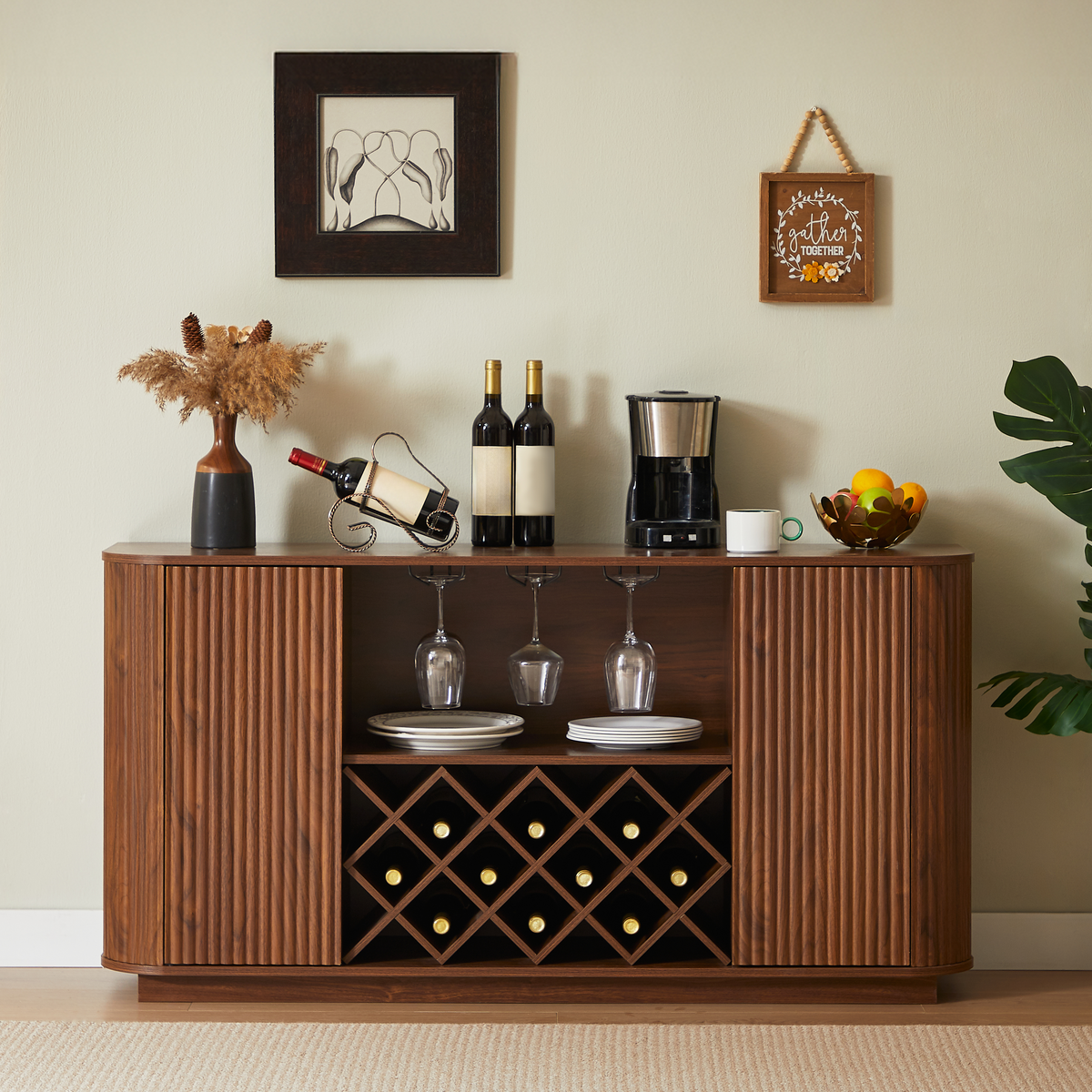 Modern 58" Wavy Sideboard with Wine Rack & Glassware Storage, Walnut