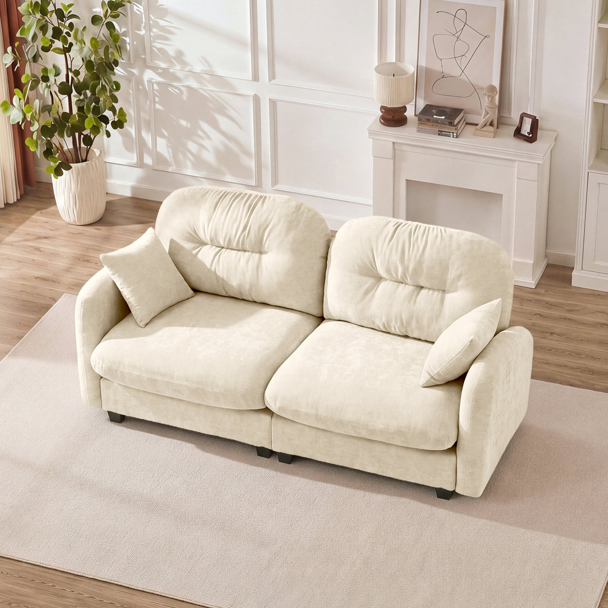 Plush L-Shaped Modular Sectional Sofa with Ottoman & Tufted Backrest, Beige
