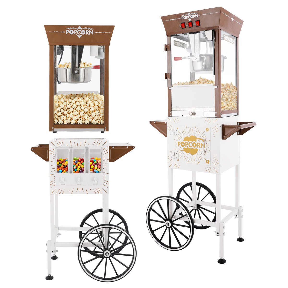 Classic 12 Oz Retro Popcorn Machine Cart with 3-Switch Control & 3 Candy Boxes, White