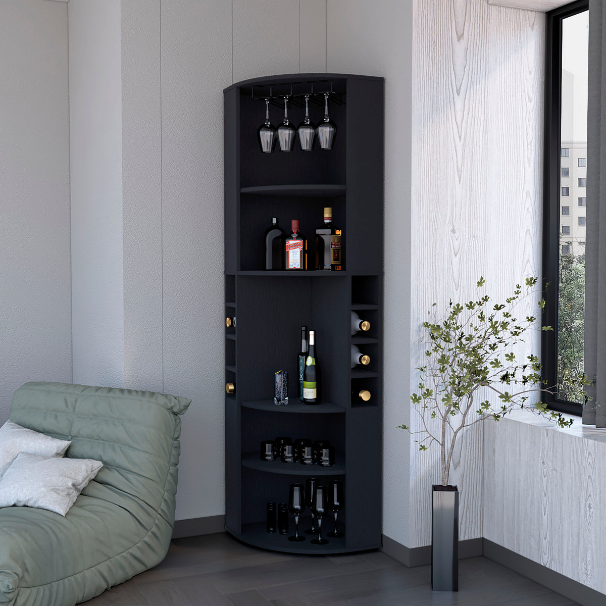 Space-Saving Corner Bar Cabinet with Wine Rack & Cup Hanger, Black
