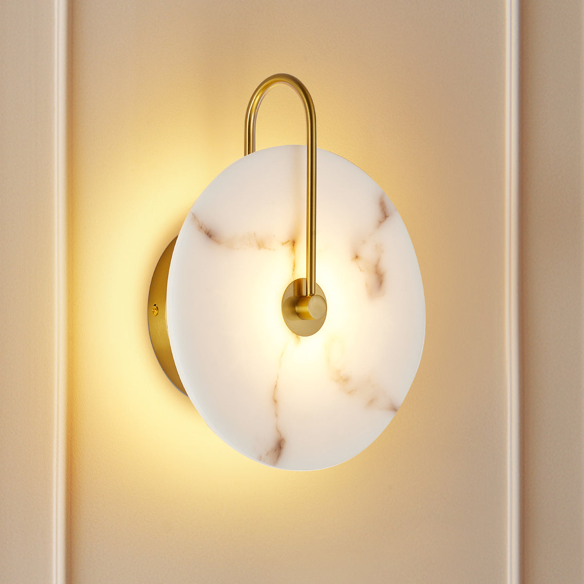 Elegant 9.8" Round Alabaster Wall Sconce with Natural Marble Shade, Gold