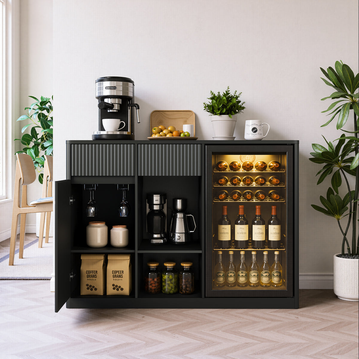 Fluted 51" Bar Cabinet with Fridge Space, Charging Hub & Wine Glass Rack, Black