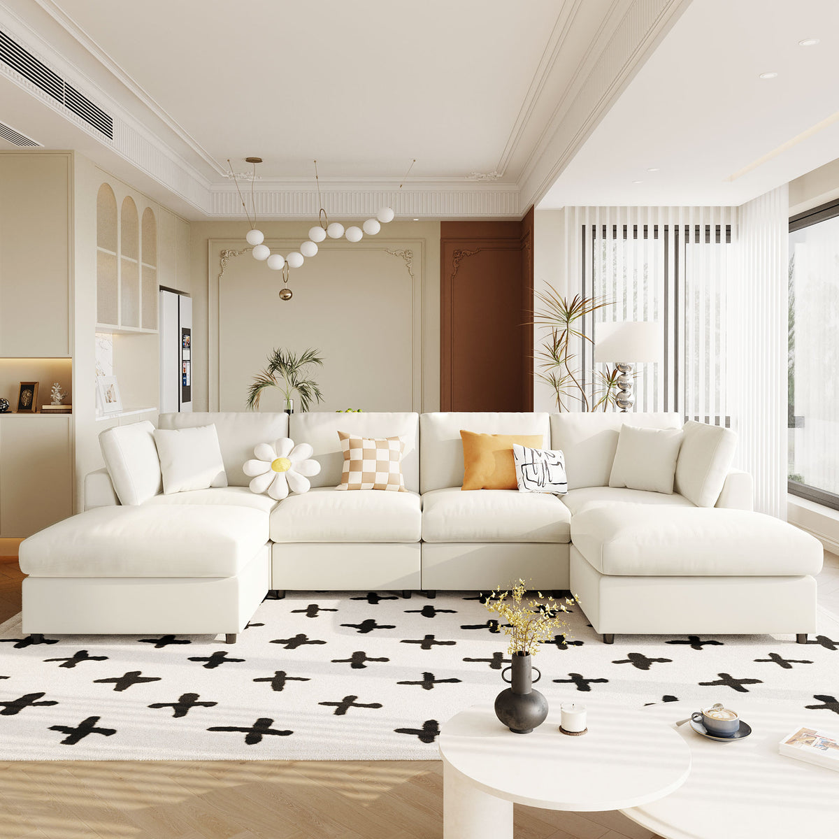 Spacious 128" U-Shaped Modular Sectional with Dual Movable Ottomans
